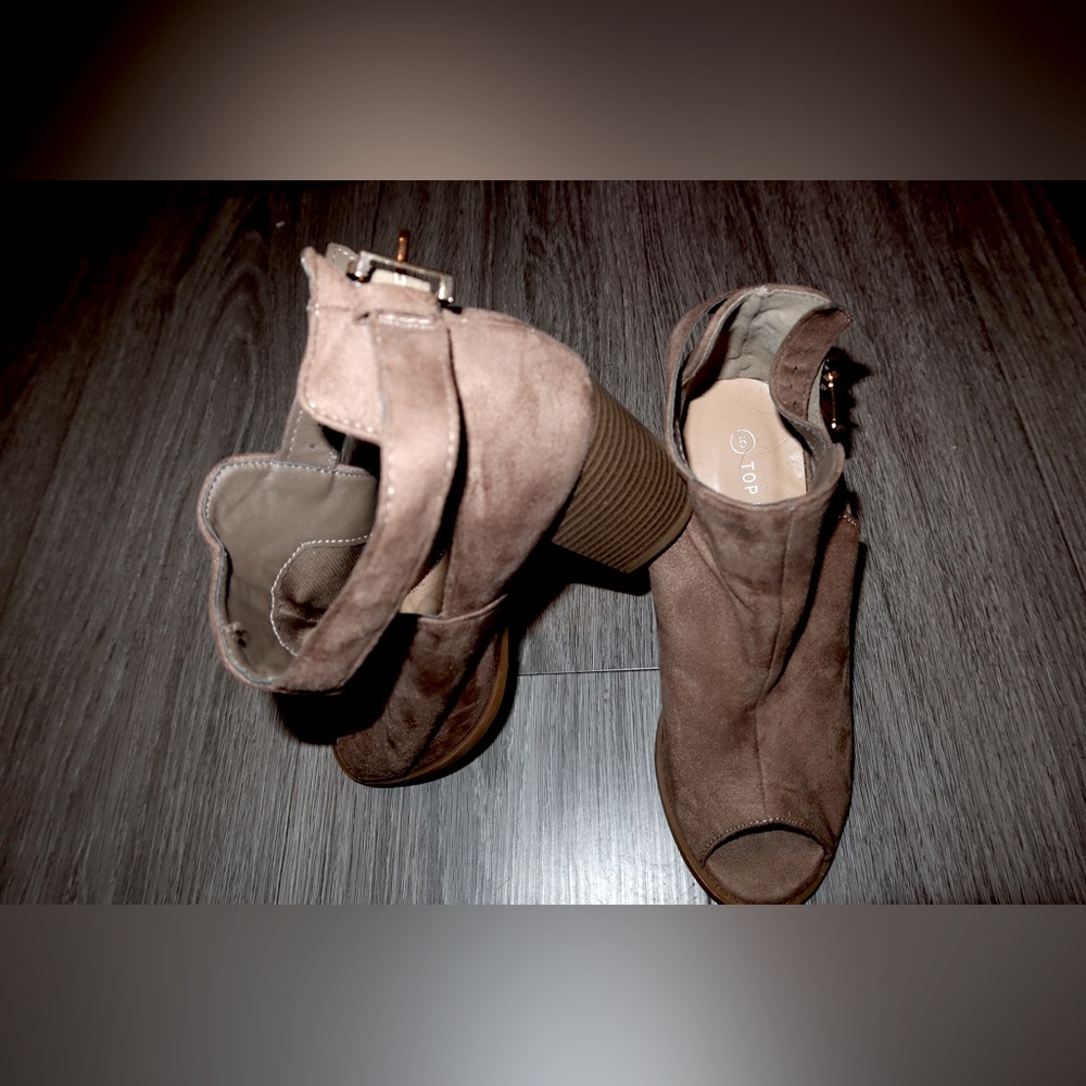 Suede Beige Strap Heel Booties - Picture 2 of 3